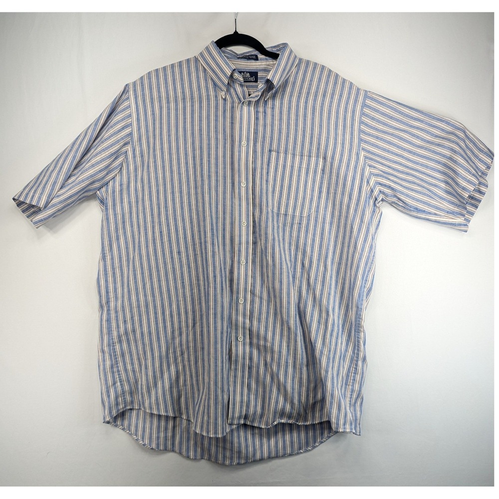 Stafford Mens Short Sleeve Striped Oxford Blue Tan USA Made XL Tall 18 37-38